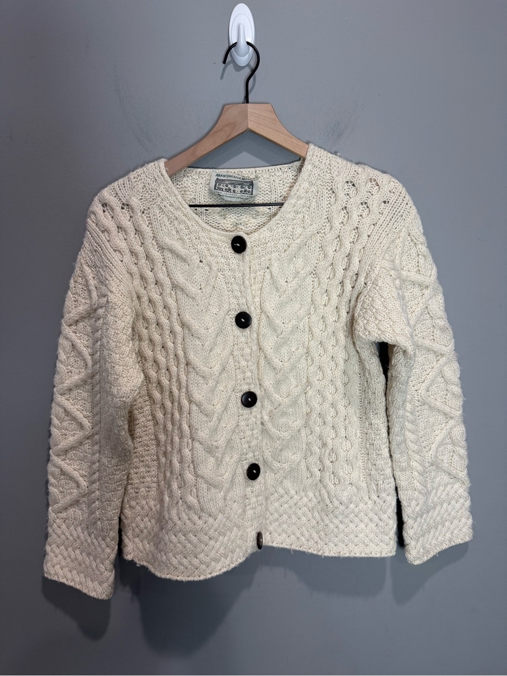Aran Sweater Market Irish Cable Knit Cardigan Cream Women’s M Wool Fisherman